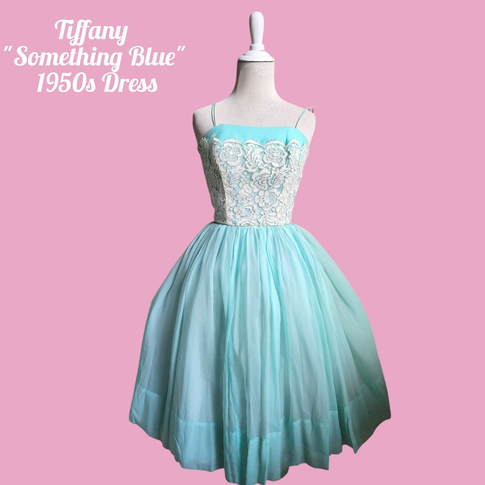 Rare 1950s Pinup Vintage Blue Chiffon Fit & Flare Dress White Lace Shelf Bust S